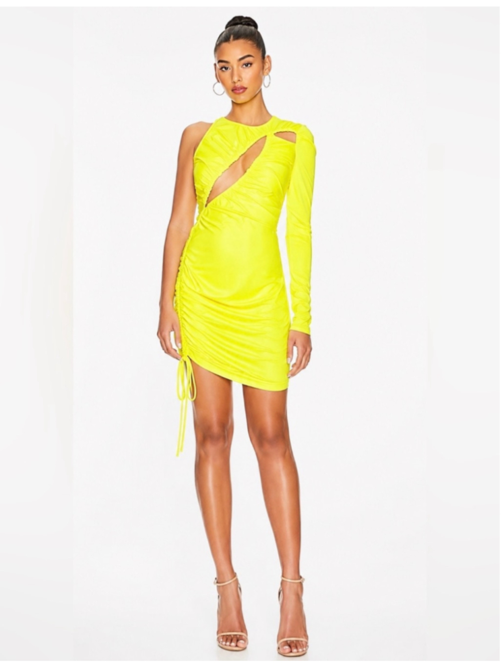 Superdown New Ilana Ruched Mini Dress Neon Yellow One Shoulder Size XS Party